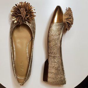 Michael Kors Lolita Embossed Leather Pale Gold Pom Pom Ballet Flats Size 7M